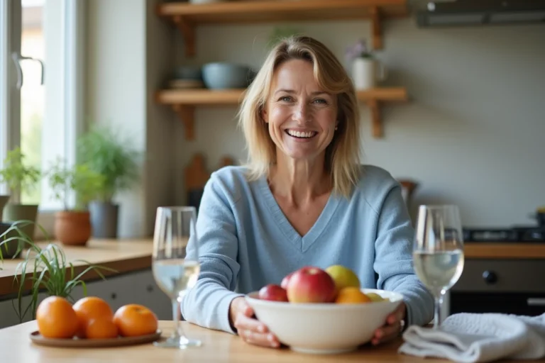 Femme dans une cuisine moderne avec fruits et eau