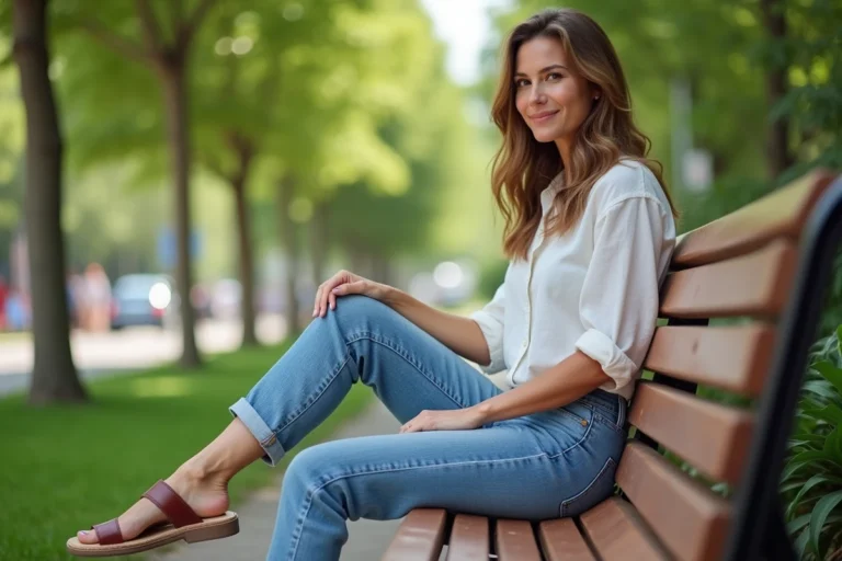 Femme en jeans et blouse en plein parc urbain