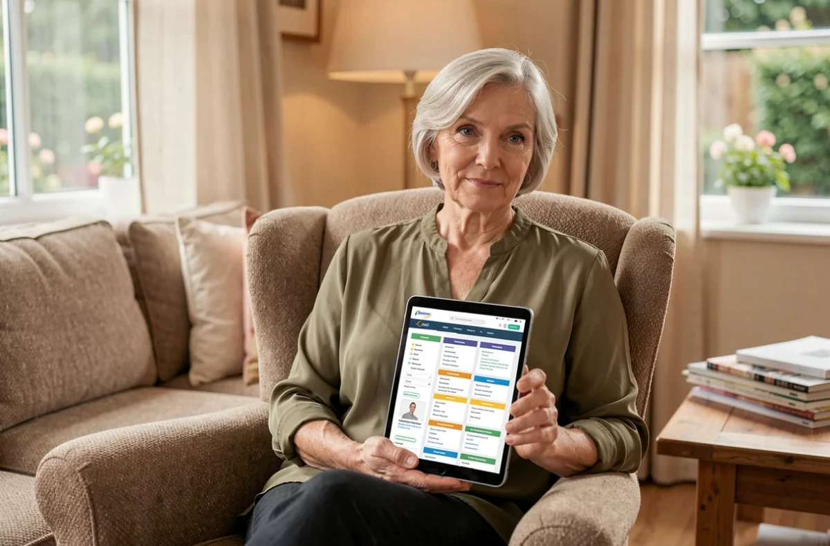 Femme senior utilisant une tablette pour explorer le plan du site Optimum Santé depuis son salon