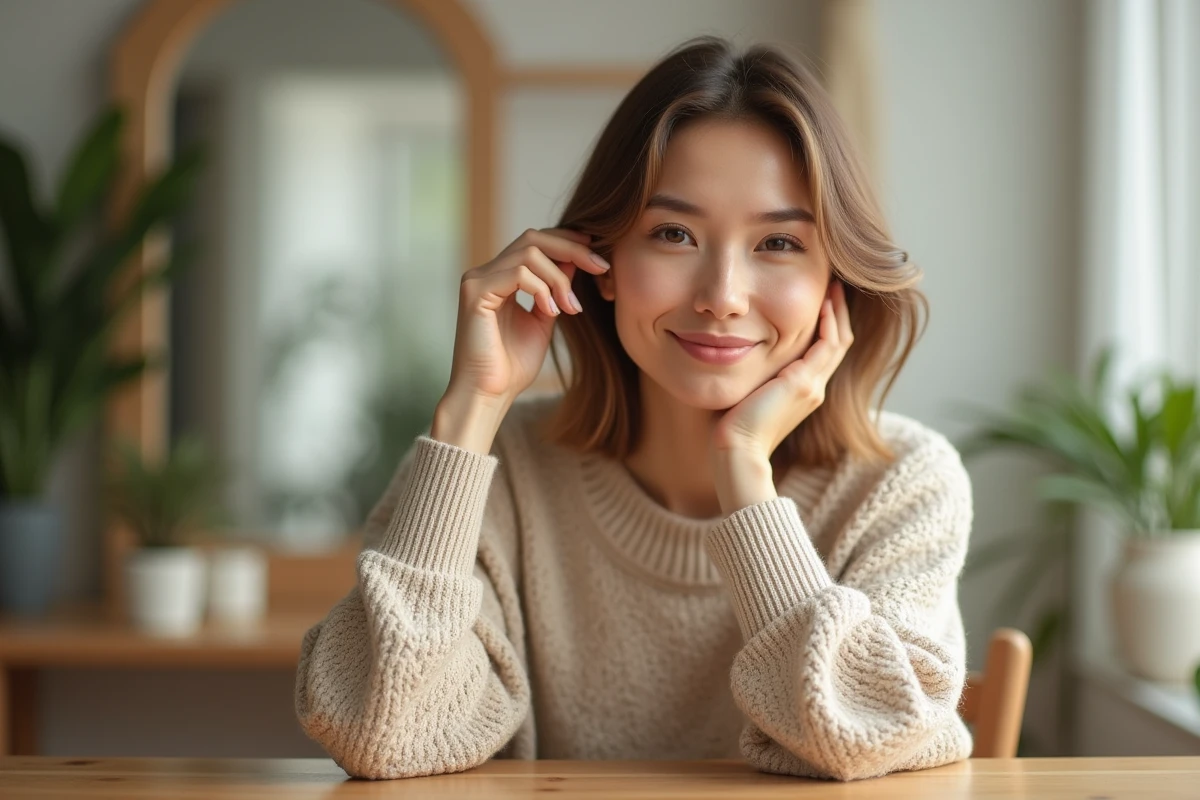 Femme appliquant une creme visage dans une chambre lumineuse