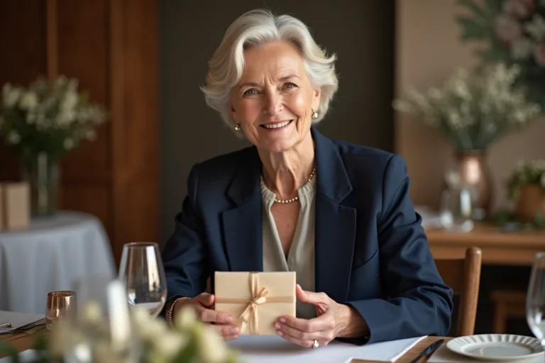 Femme élégante souriante tenant un cadeau lors d'un dîner intérieur