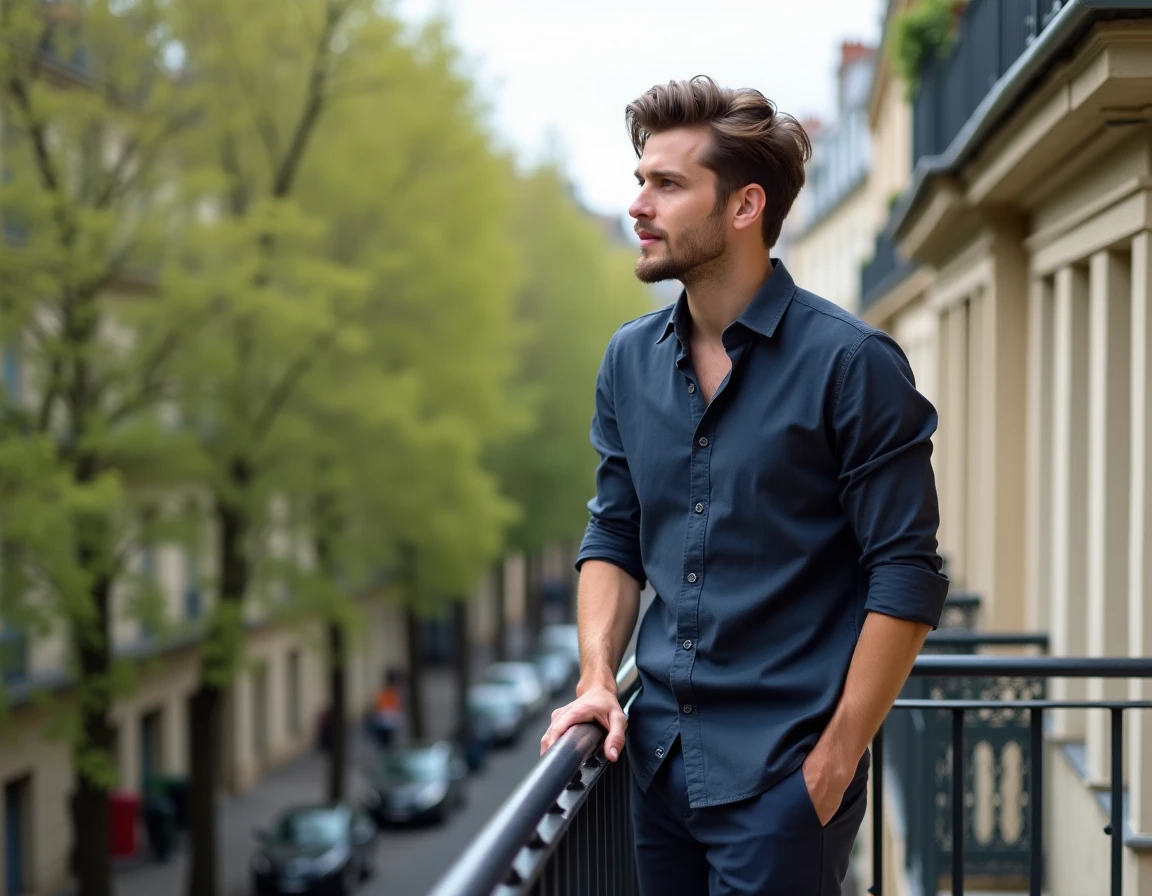 Jeune homme sur un balcon parisien hausmannien, évoquant la vie quotidienne du fils de Marie-Ange Nardi