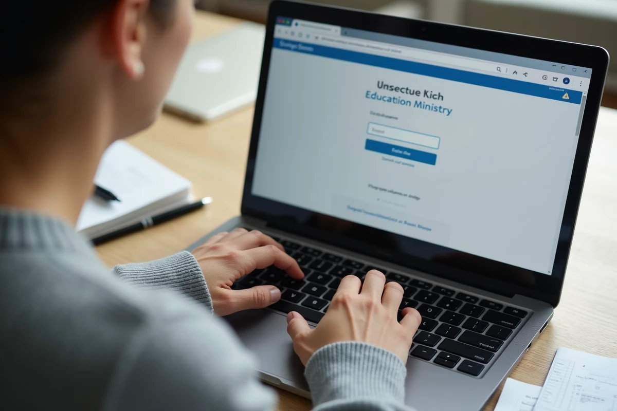 Gros plan sur les mains d'un enseignant saisissant ses identifiants sur la page de connexion IProf de l'académie de Versailles