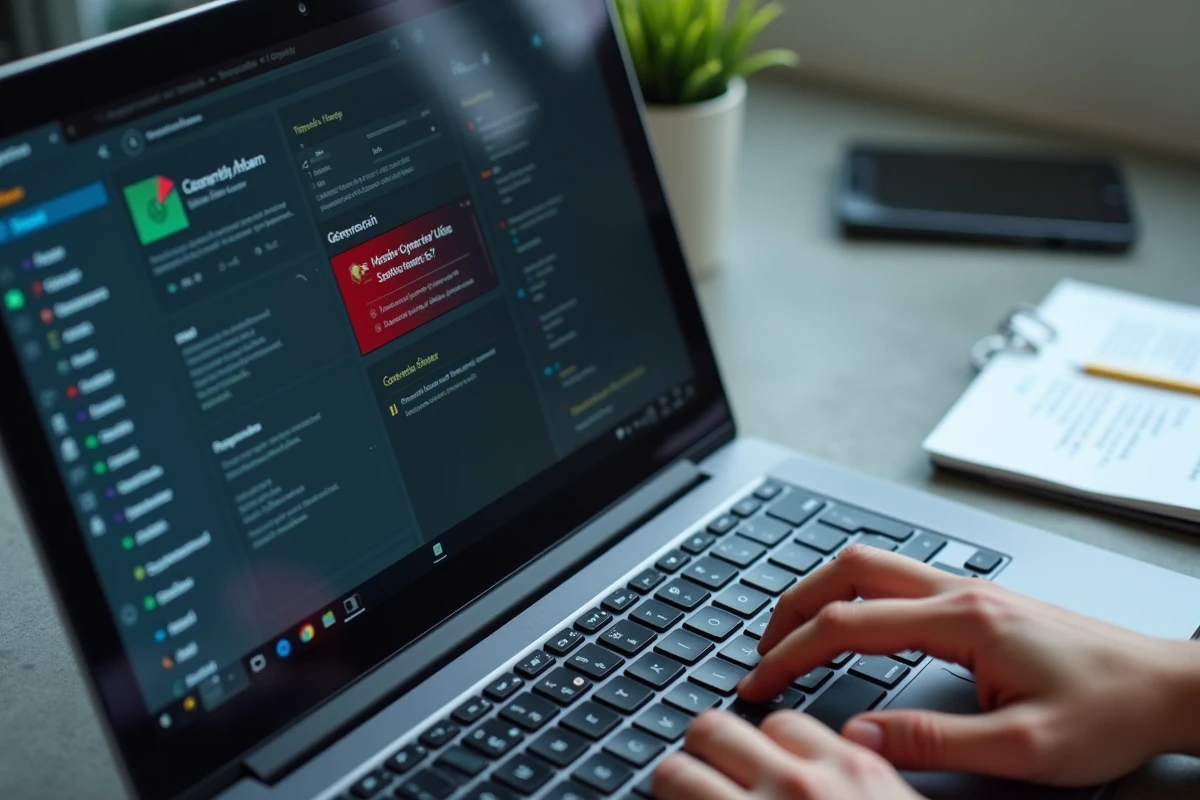 Gros plan sur un écran d'ordinateur portable affichant une erreur logicielle avec des mains prêtes à résoudre le problème