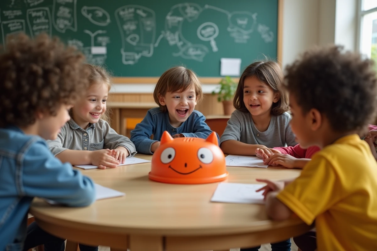 Enfants discutant autour d un jouet dans une classe colorée