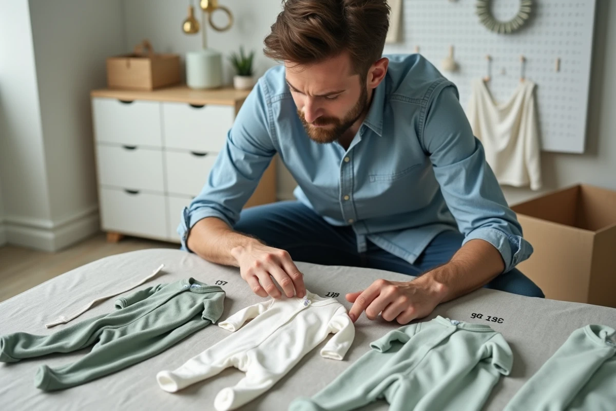 Père lisant l'étiquette de taille d'un pyjama bébé devant un rangement organisé de vêtements du nouveau-né à 18 mois