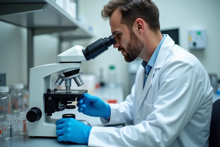 Hématologue examinant un frottis sanguin au microscope dans un laboratoire clinique moderne pour diagnostiquer une granulocytose