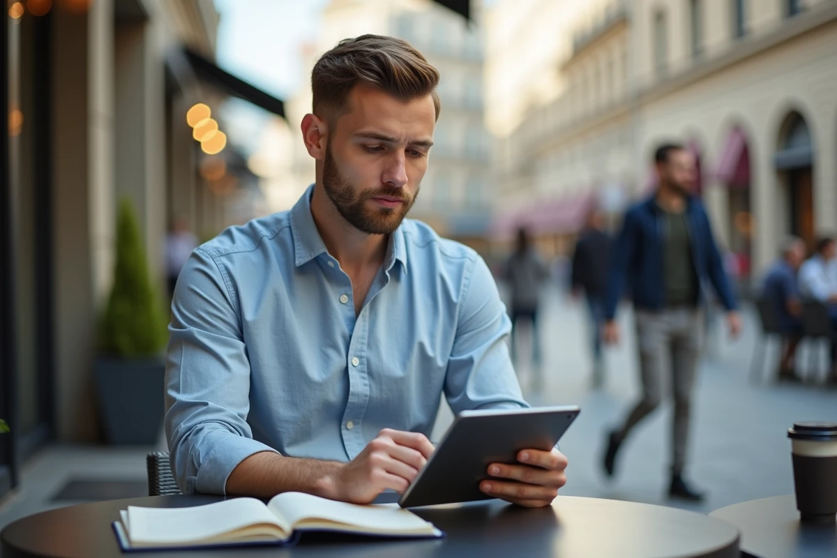 Jeune homme écrivant sur une tablette dans un café urbain