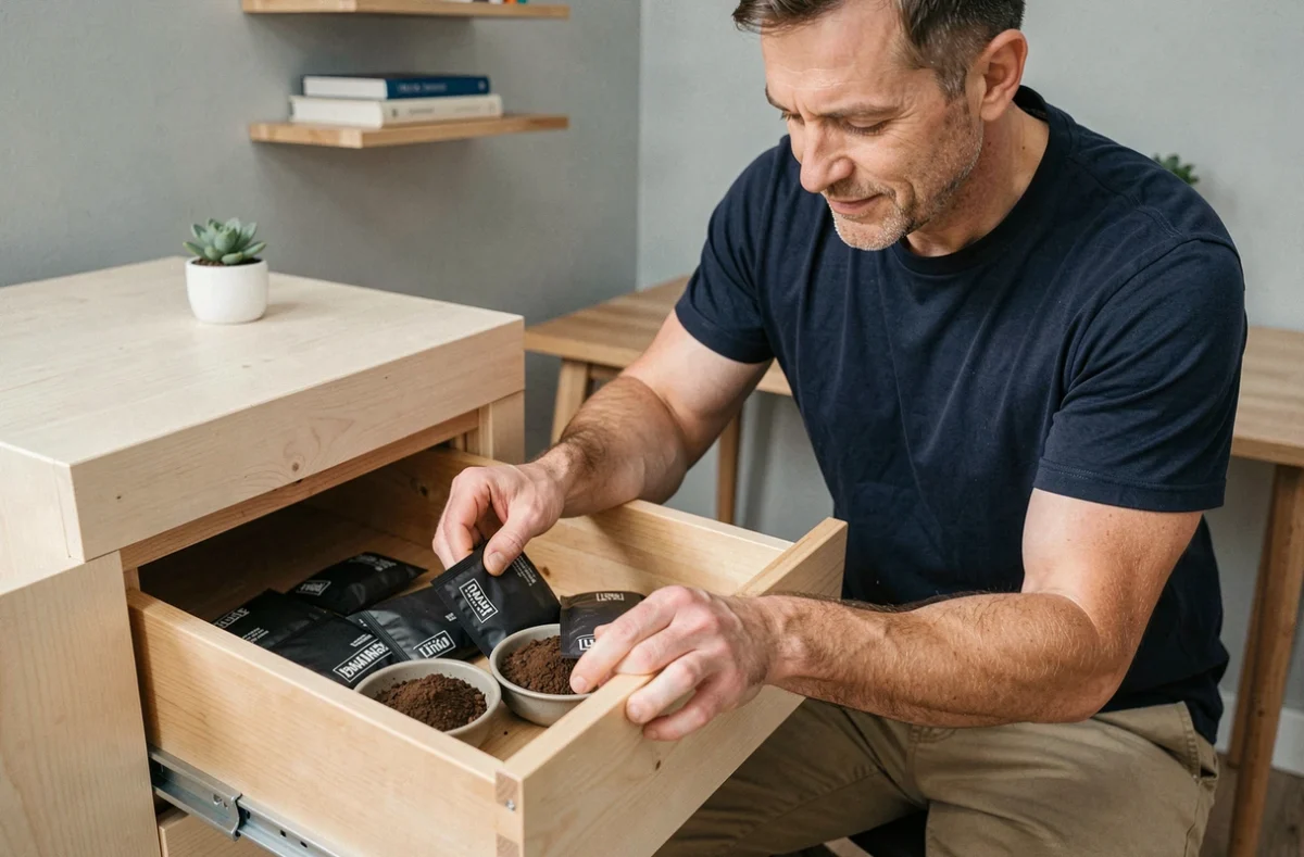 Homme plaçant des sachets de charbon actif dans un tiroir de commode Ikea pour absorber les mauvaises odeurs