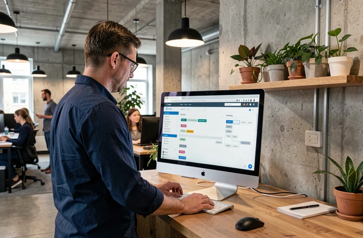 Homme consultant le plan de navigation d'un site de santé dans un espace de travail moderne