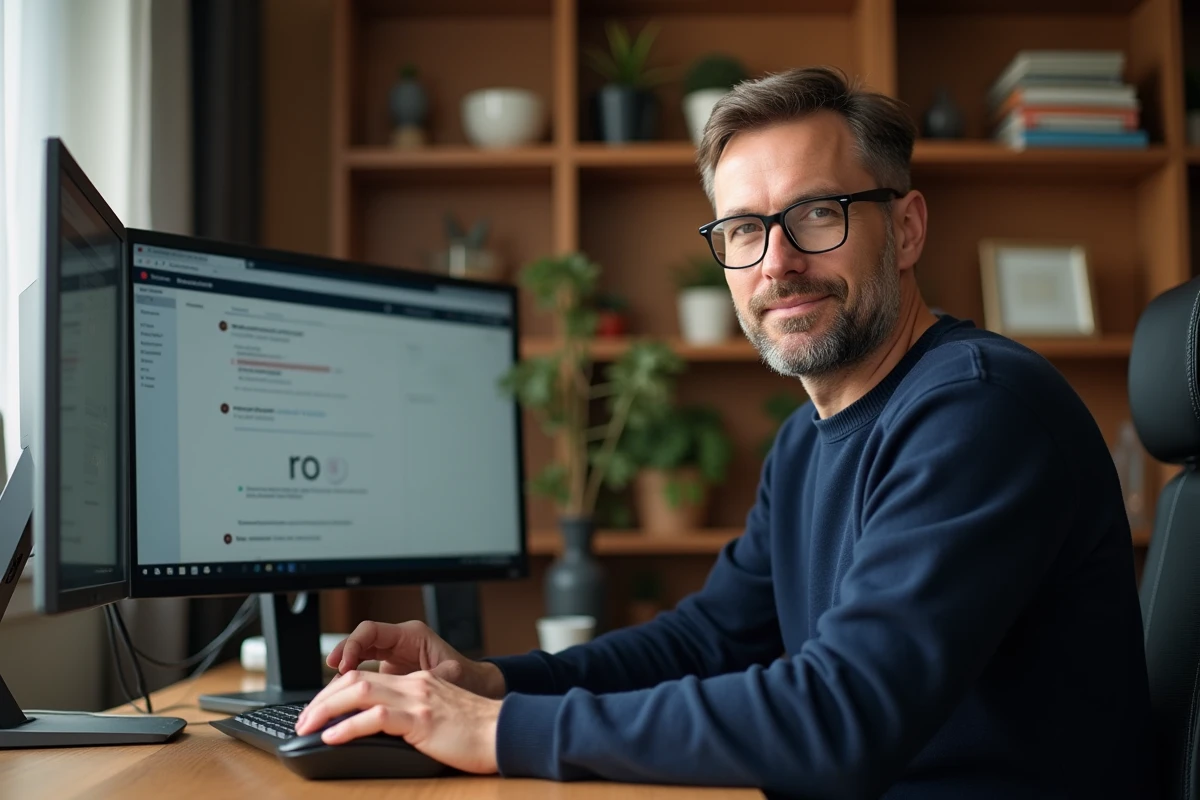 Homme avec lunettes consultant un écran affichant une erreur no label sur une application web à domicile