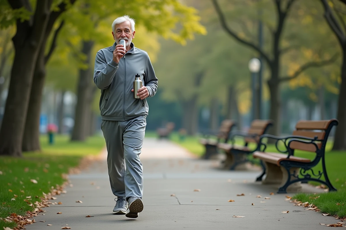 Homme âgé marchant dans un parc urbain avec bouteille d