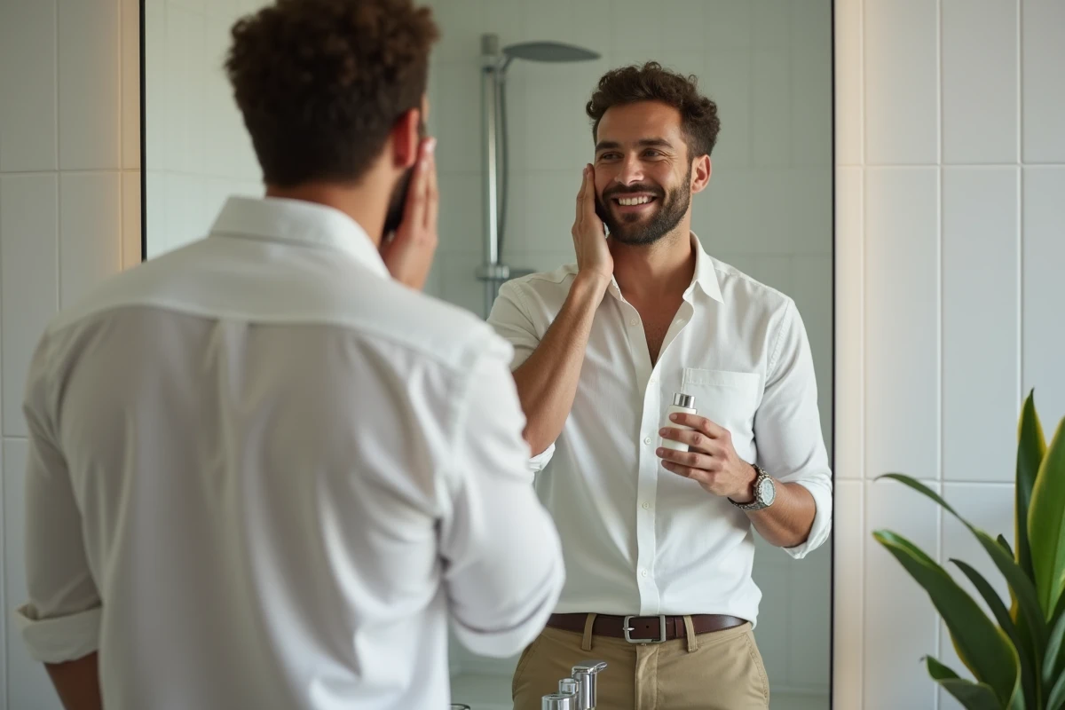 Homme appliquant un serum visage devant un miroir dans la salle de bain