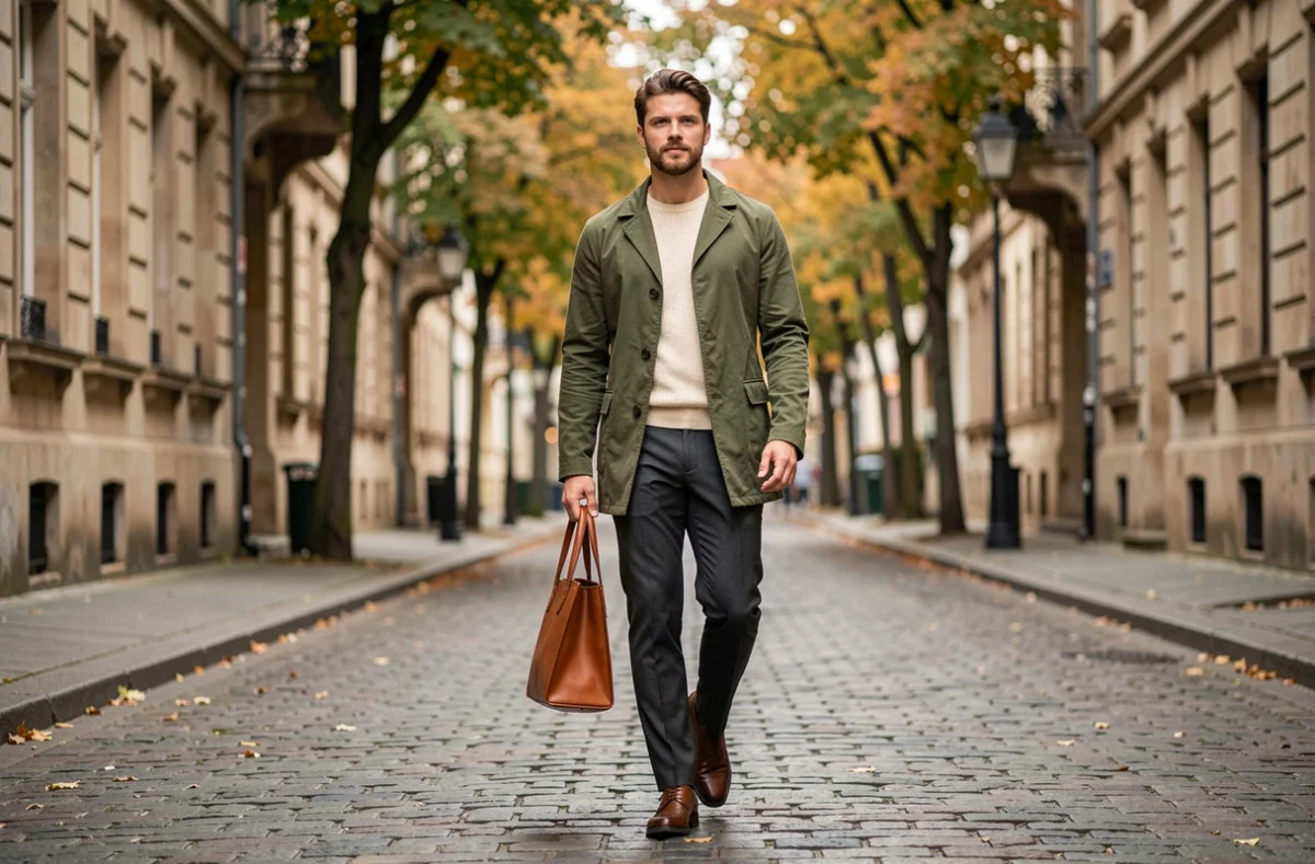 Homme stylé en manteau chore coat olive marchant dans une rue pavée européenne en automne, tendances mode masculine intemporelles