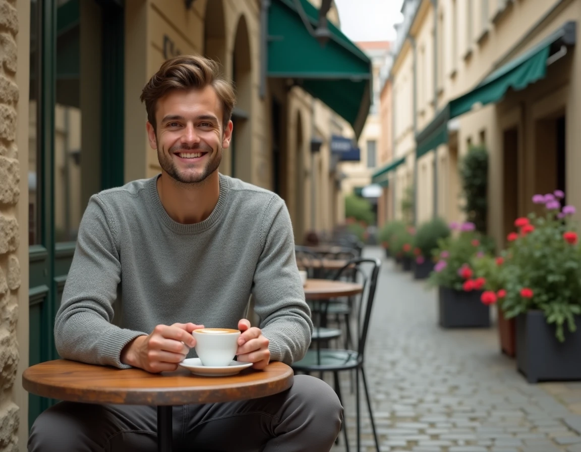 Jeune homme attablé en terrasse d'un café français, illustrant la vie parisienne d'Hugo Antakis fils de Marie-Ange Nardi