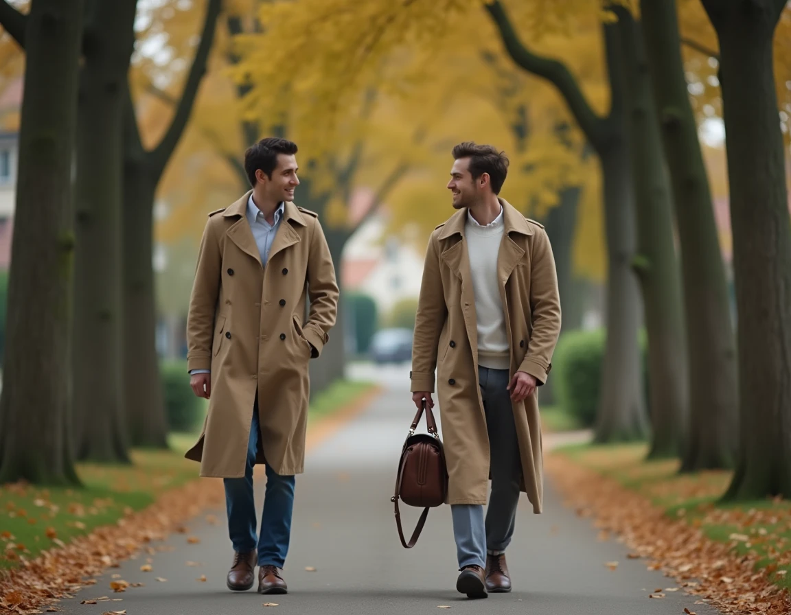 Jeune homme marchant dans une allée résidentielle française en automne, représentant le cadre de vie d'Hugo Antakis fils de Marie-Ange Nardi