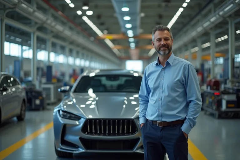 Ingénieur automobile debout à côté d'une voiture en construction
