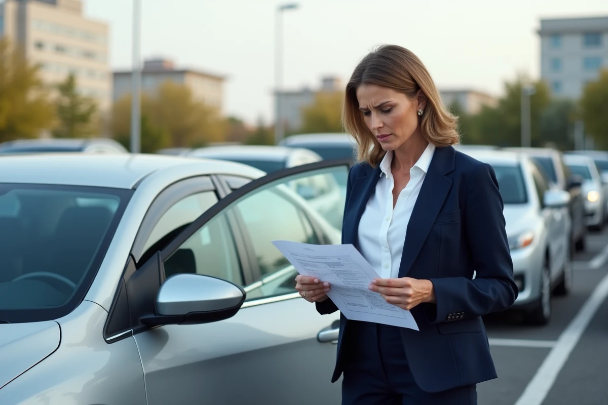 Femme inspectant une voiture d'occasion dans un parking de concessionnaire avec une liste de vérification