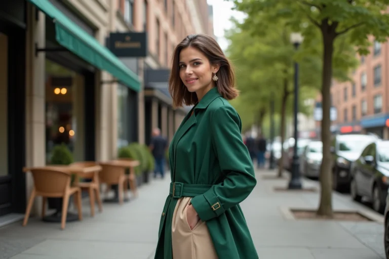 Jeune femme élégante dans la rue avec trench vert et pantalon beige