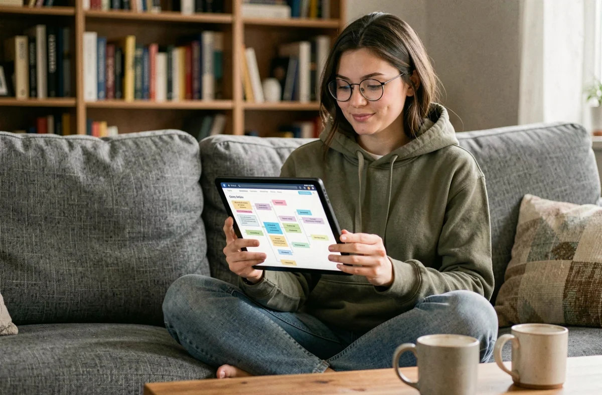 Jeune femme explorant le plan d'un site technologique sur une tablette depuis son canapé
