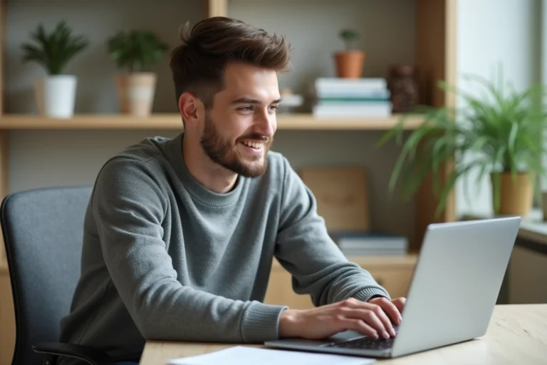 Jeune homme en bureau moderne utilisant un ordinateur portable