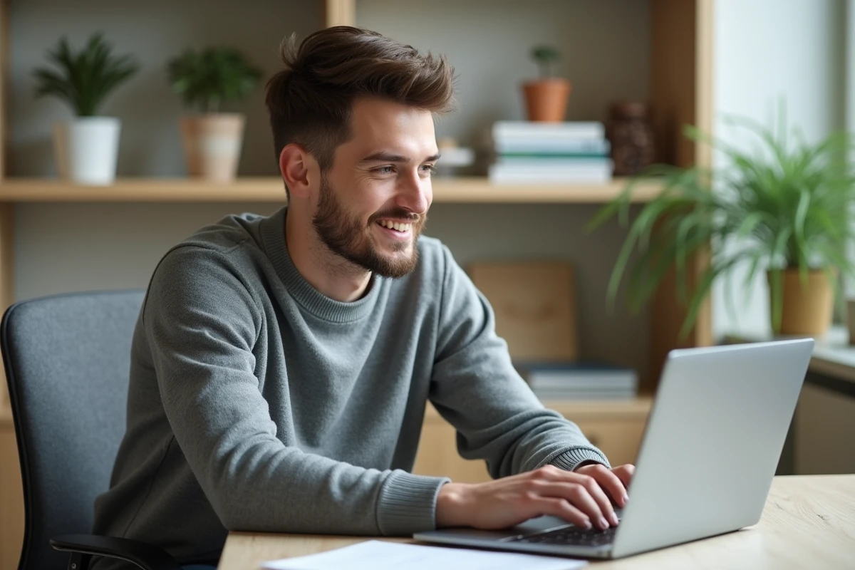 Jeune homme en bureau moderne utilisant un ordinateur portable