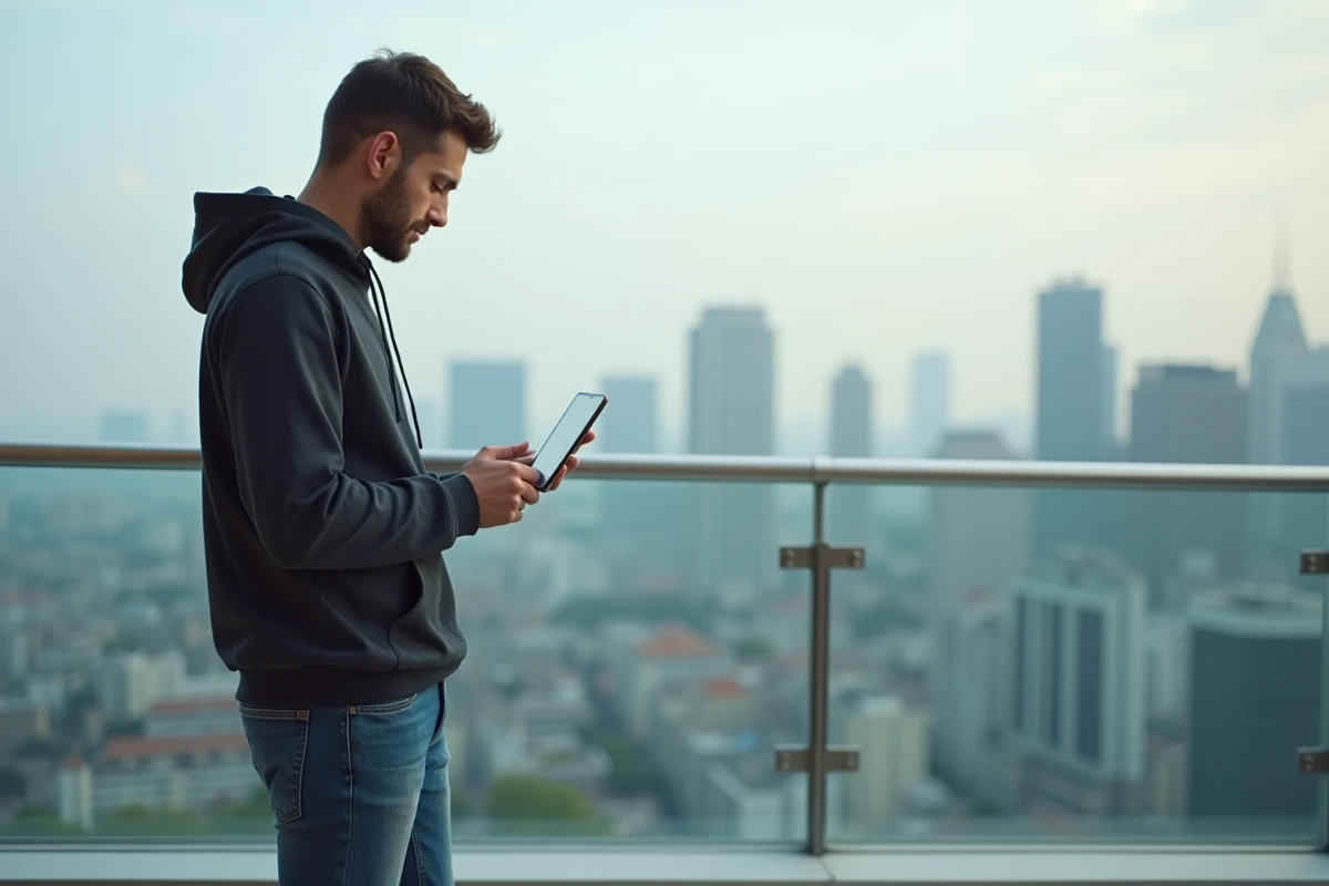 Jeune homme sur un toit urbain utilise une tablette