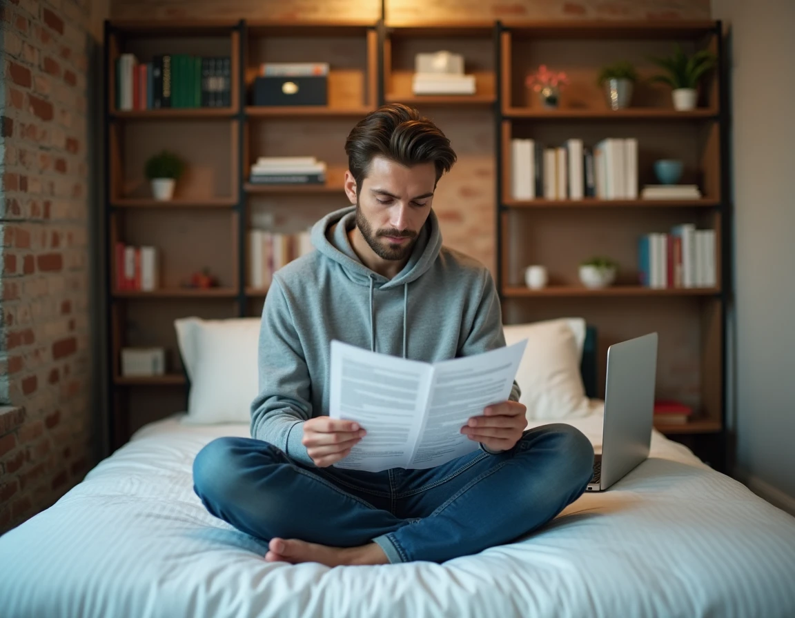 Jeune locataire consultant des documents sur la réglementation des petites chambres de moins de 9m2 dans un studio urbain