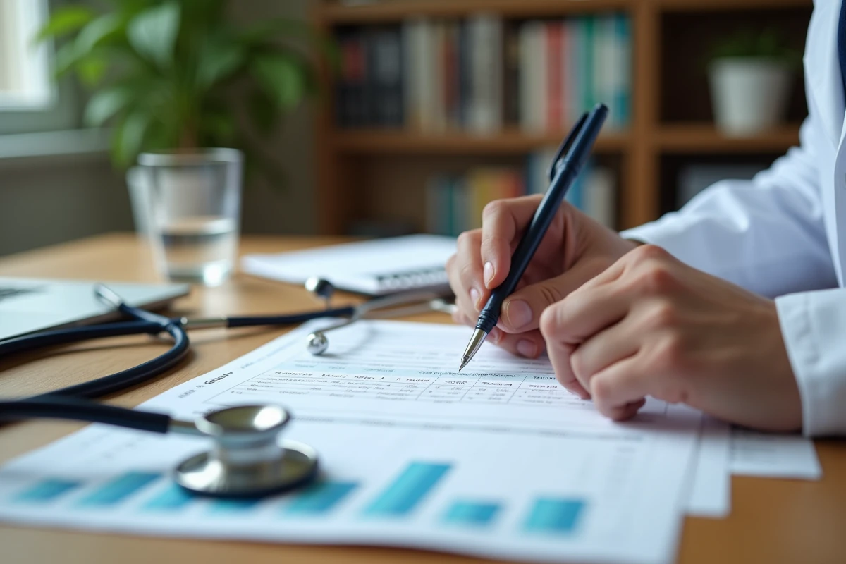 Médecin analysant un rapport d'analyse sanguine avec des valeurs de granulocytes dans son cabinet médical