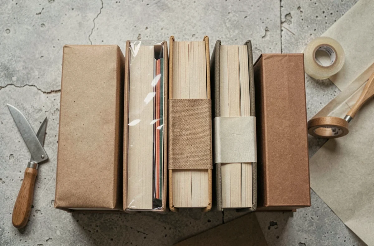 Assortiment de livres protégés avec différentes méthodes de protection de tranche vus de dessus