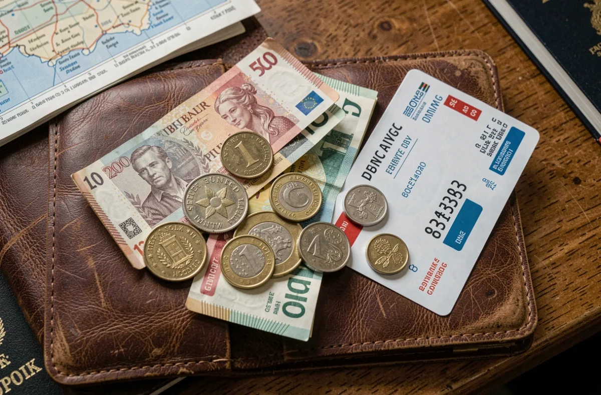 Portefeuille de voyage ouvert avec des livres sterling, des pièces de Gibraltar et des euros sur une surface en bois