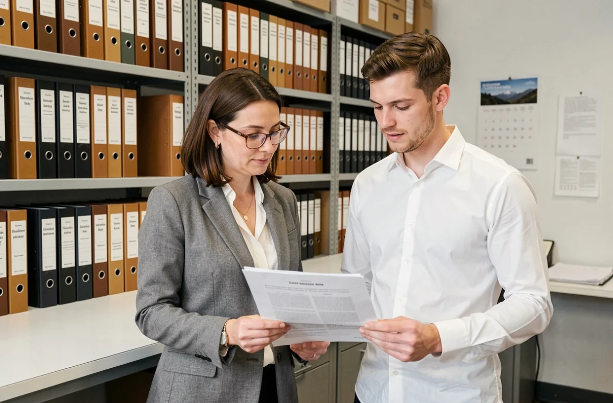 Une notaire et son assistant examinent des documents juridiques dans une salle d'archives d'un office notarial français