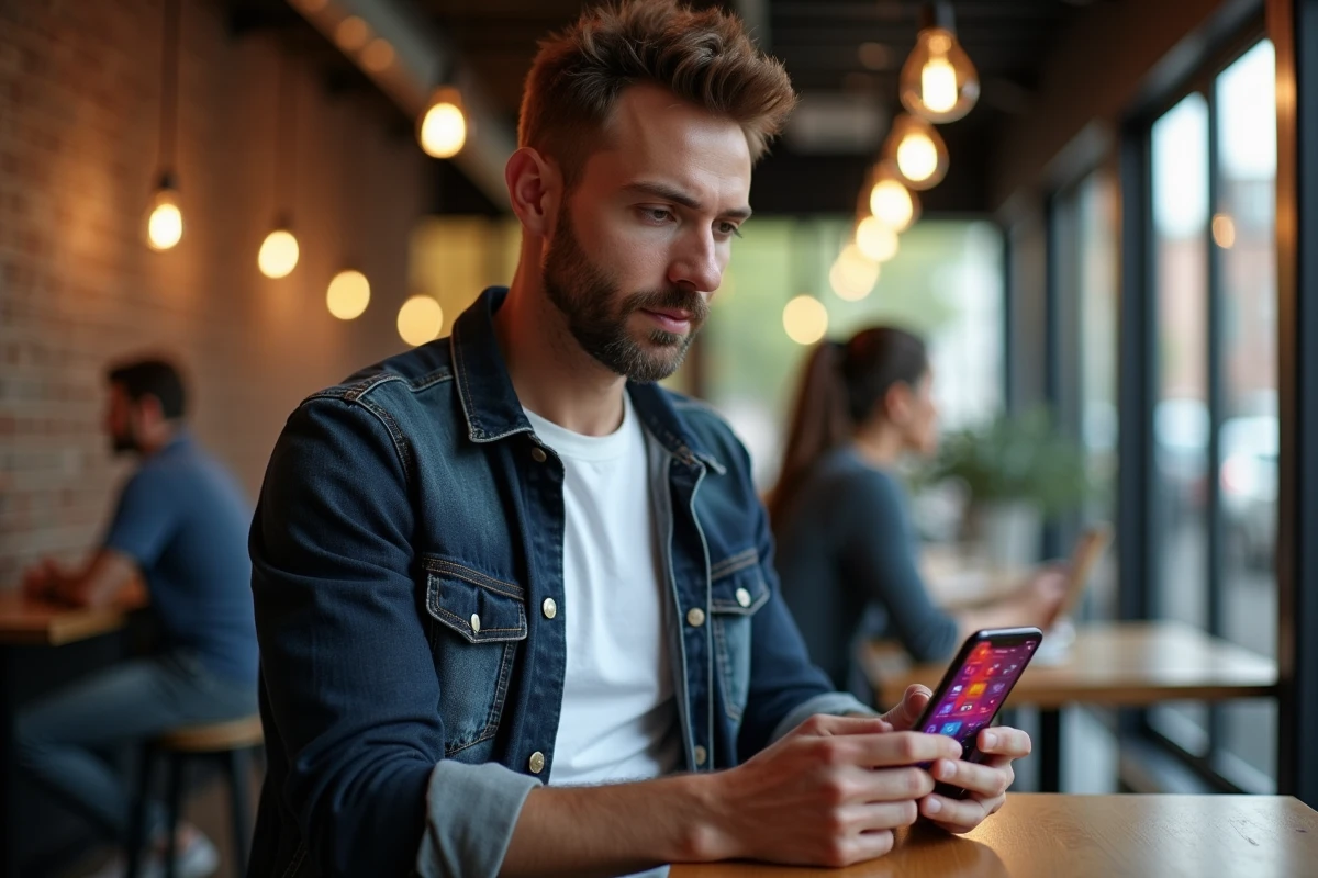 Homme consultant les dernières nouveautés internet sur smartphone dans un espace de coworking urbain