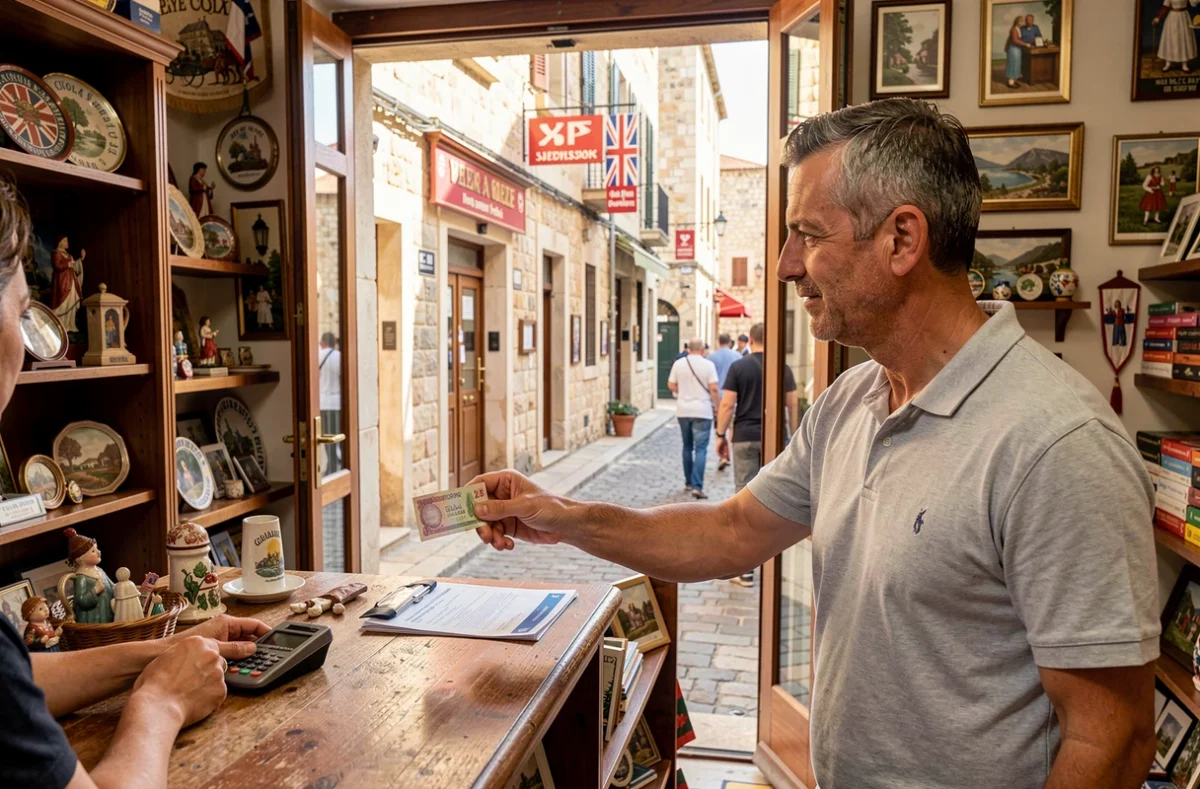 Un homme paie avec des livres de Gibraltar dans une boutique typique de la rue principale de Gibraltar