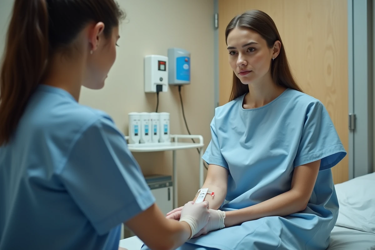 Infirmière effectuant une prise de sang sur une patiente dans une salle de prélèvement hospitalière pour analyser les taux de granulocytes