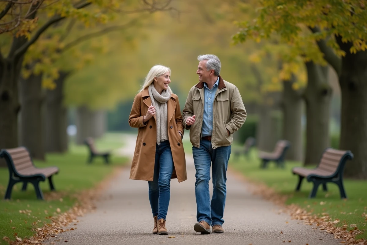 Couple marchant dans un parc en automne en discussion