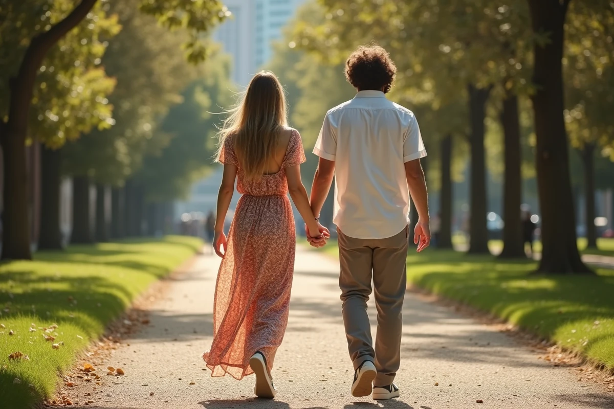 Un couple marchant dans un parc urbain ensoleillé