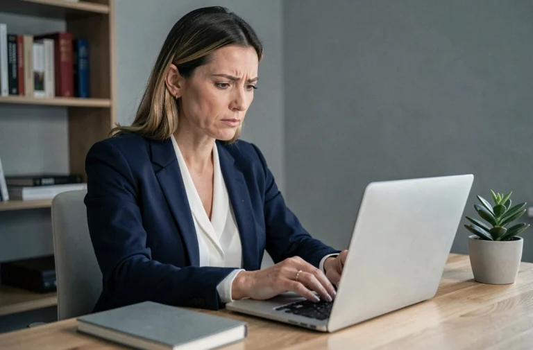 Femme professionnelle consultant des données sensibles sur un ordinateur portable dans un bureau à domicile moderne
