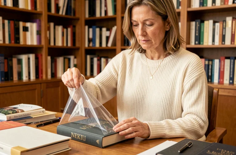 Femme protégeant la tranche d'un livre relié avec une housse transparente à son bureau en bois