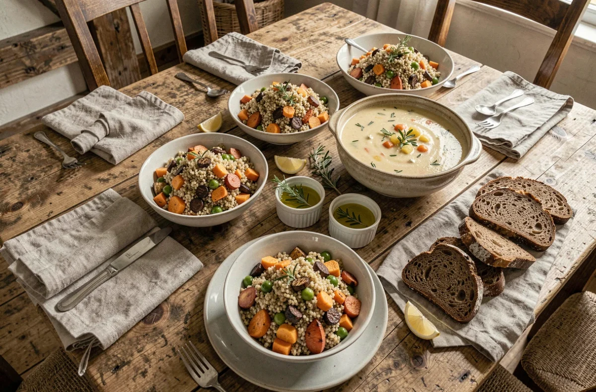 Table dressée avec des recettes saines et gourmandes faites maison, soupe, salade de céréales et pain complet