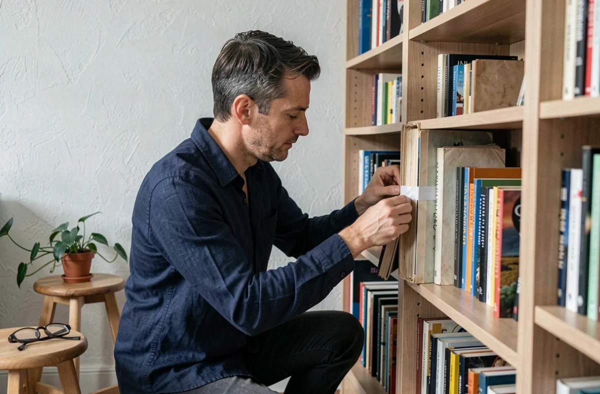 Homme réparant et protégeant la tranche d'un livre de poche usé avec du ruban adhésif spécial livres