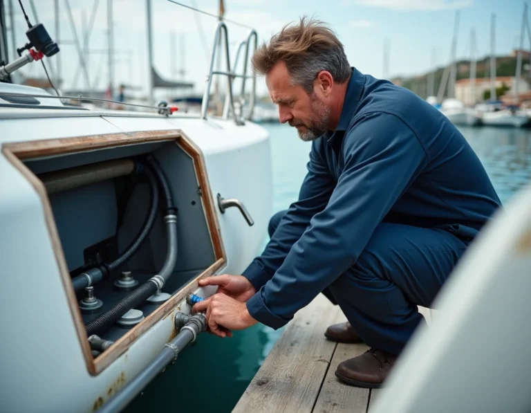 Technicien marin inspectant le réservoir d'eaux usées d'un voilier dans une marina méditerranéenne