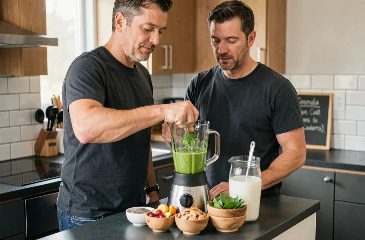Homme préparant un smoothie vert sain dans une cuisine moderne avec des ingrédients frais et naturels