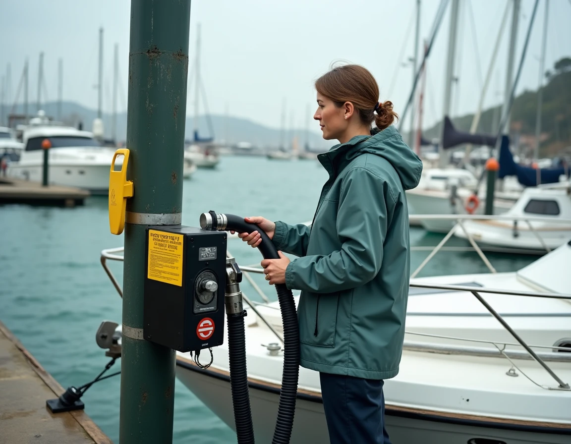 Navigatrice effectuant une vidange des eaux noires à une station de pompage dans un port de plaisance