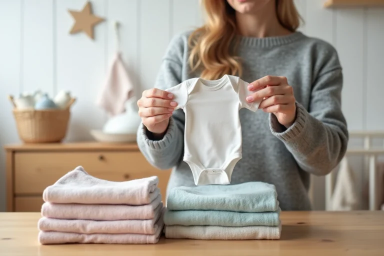 Maman tenant un body de naissance à côté d'une pile de vêtements bébé pliés sur une table en bois dans une chambre de bébé scandinave