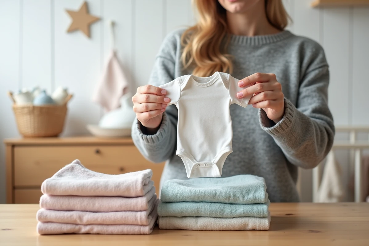 Maman tenant un body de naissance à côté d'une pile de vêtements bébé pliés sur une table en bois dans une chambre de bébé scandinave