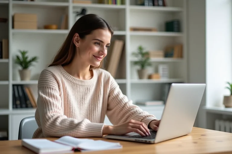 Jeune femme découvrant les nouvelles tendances web en 2024 sur son ordinateur portable dans un bureau moderne