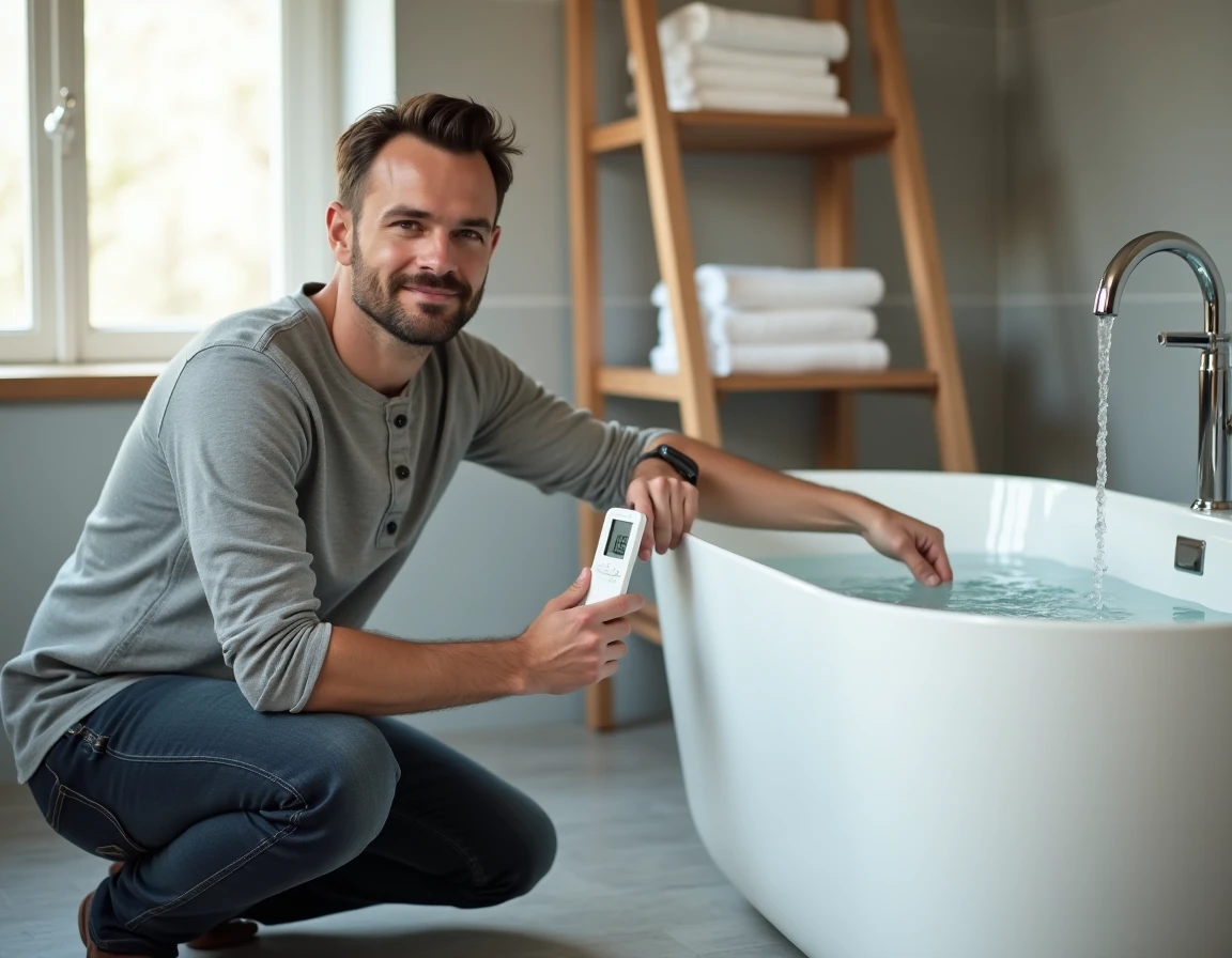Homme utilisant un thermomètre numérique pour contrôler la température de l'eau d'un bain à 60°C