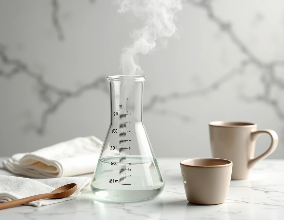 Thermomètre en verre indiquant 60°C dans un bécher d'eau chaude sur un plan de travail en marbre blanc