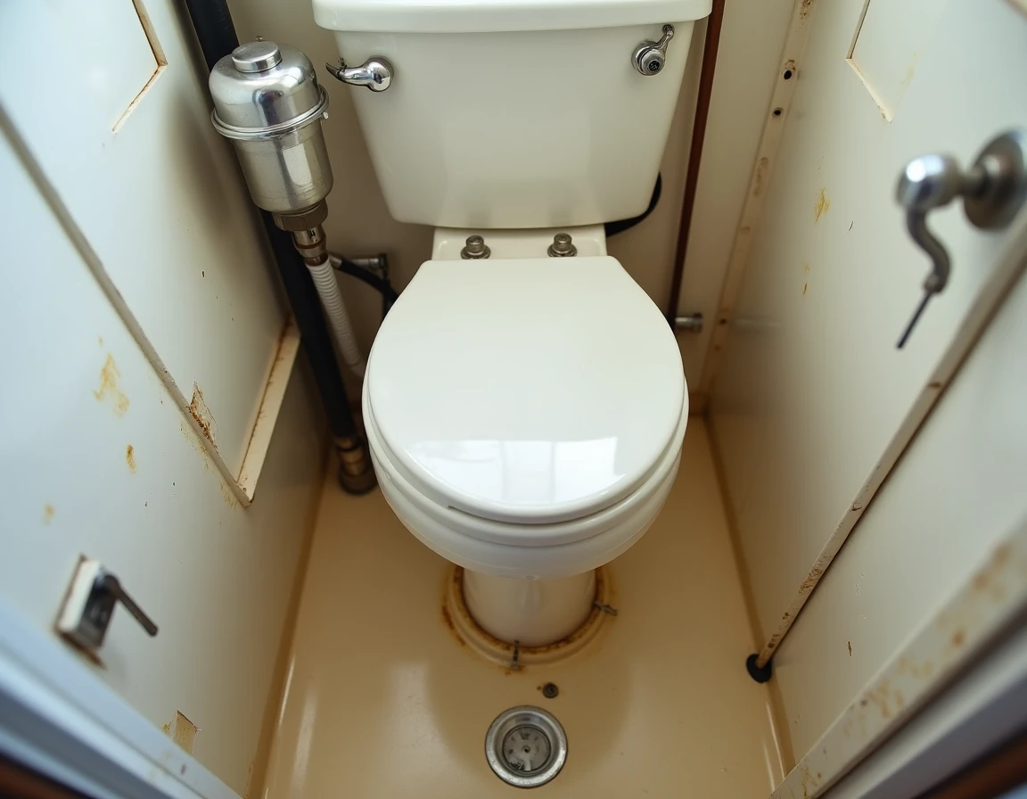 Système de toilettes marines avec pompe manuelle et tuyauterie dans les sanitaires d'un bateau de plaisance